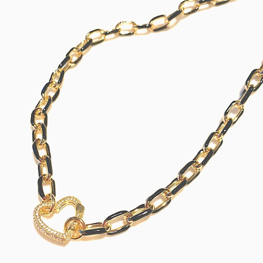 Chainlink Enamel Cubic Zirconia 14k plated gold black necklace heart